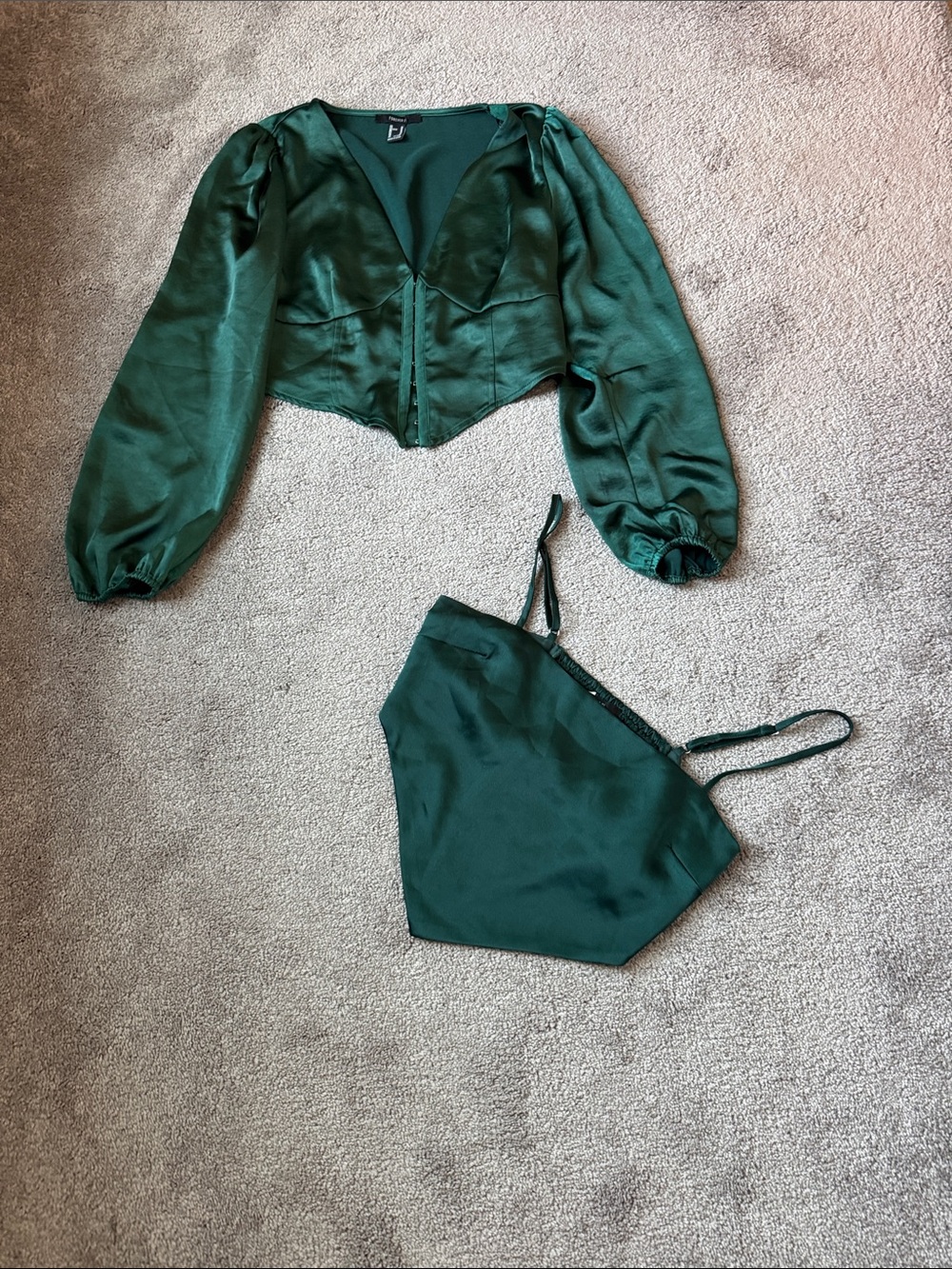 Forever 21 Green Satin Corset Crop Top & Bandana Crop Set SIZE M Cottagecore Y2K